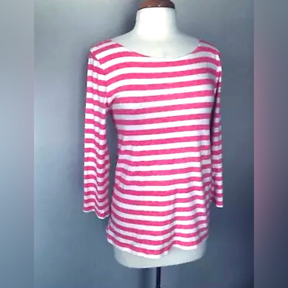 J Crew Boat Neck 3/4 Sleeve Tee Top M 100% Cotton Pink White Striped Near New